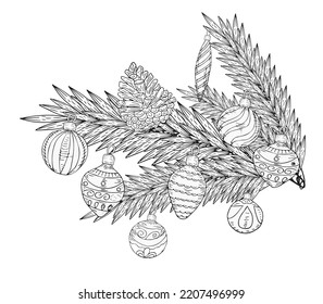 Christmas tree branch with New Year decorations and decor. Contour handwork. Use as a card, greetings, winter background, coloring page, anti-stress coloring page. Vector