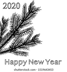 Christmas tree branch on a white isolated background. 2020. Happy New Year. Place for text. Vector illustration