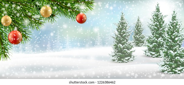Christmas tree branch on winter landscape background with fir tree. Background for a Christmas card. Realistic detailed vector.