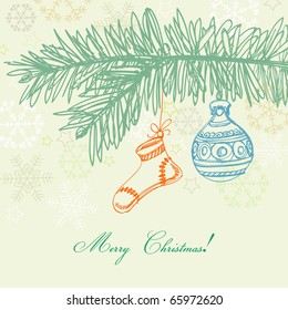 Christmas tree branch and ornaments