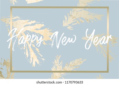 Christmas tree branch painting vector fashion banner. Trendy Pastel blue white gold botanical winter pattern