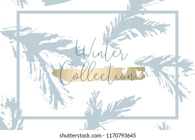 Christmas tree branch painting vector fashion banner. Trendy Pastel blue white gold botanical winter pattern