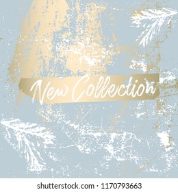 Christmas tree branch painting vector fashion banner. Trendy Pastel blue white gold botanical winter pattern