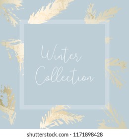 Christmas tree branch painting vector fashion banner. Trendy Pastel blue white gold botanical winter pattern