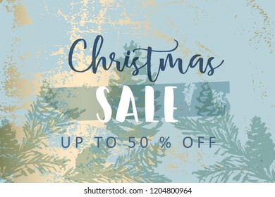 Christmas tree branch painting vector fashion banner. Trendy Pastel blue white gold botanical winter pattern