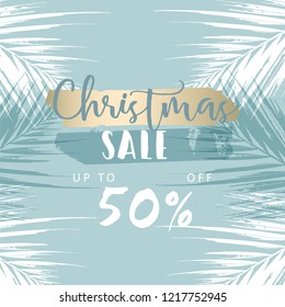 Christmas tree branch painting vector fashion banner. Trendy Pastel blue white gold botanical winter pattern