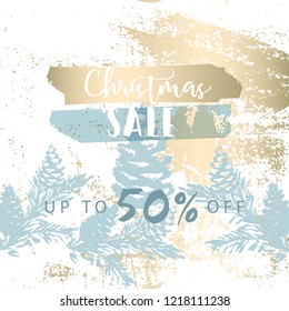 Christmas tree branch painting vector fashion banner. Trendy Pastel blue white gold botanical winter pattern