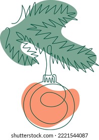 Christmas tree branch of pine, fir, spruce, with ball drawing in outline style