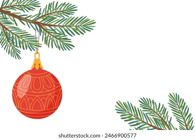 Christmas tree branch with red christmas ball. Modern flat style red bauble. Decor for Christmas, new year and holidays. Hand drawn isolated on white. Vector illustration