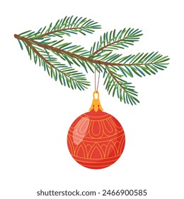 Rama del árbol de Navidad con la bola roja de la Navidad. Barbuja roja de estilo plano moderno. Decoración para Navidades, año nuevo y vacaciones. Dibujado a mano aislado en blanco. Ilustración vectorial