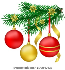 Christmas tree branch with red and gold balls on a white background. Vector illustration.