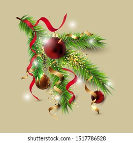 Christmas tree branch with red and golden balls, confetti isolated on background. Design element for Merry Christmas and New Year greeting card, flyer, poster, party invites. Vector illustration.