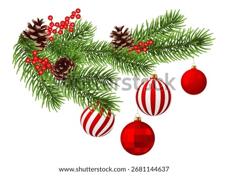 Christmas tree branch with red hanging balls isolated
