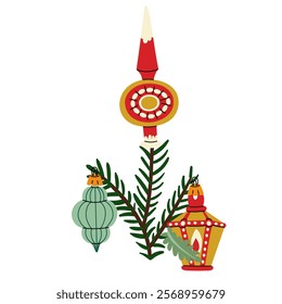 Christmas tree branch with retro Christmas balls. Soviet glass toys in flat style. Lantern, top, drop. Decor for Christmas, New Year and holidays. Hand-drawn isolated illustration on white background