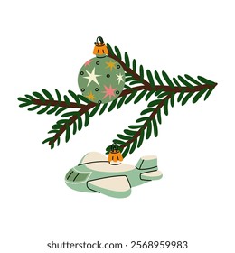 Christmas tree branch with retro Christmas balls. Soviet glass toys in flat style. airplane, balloon. Decor for Christmas, New Year and holidays. Hand-drawn isolated illustration on white background