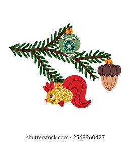 Christmas tree branch with retro Christmas balls. Soviet glass toys in flat style. Fish, acorn, drop. Decor for Christmas, New Year and holidays. Hand-drawn isolated illustration on white background.