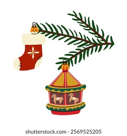 Christmas tree branch with retro Christmas balls. Soviet glass toys in flat style. Carousel, sock. Decor for Christmas, New Year and holidays. Hand-drawn isolated illustration on white background