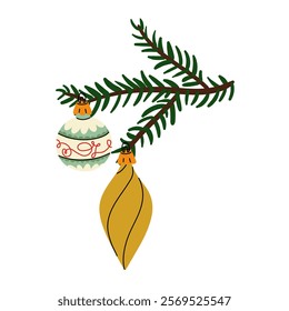 Christmas tree branch with retro Christmas balls. Soviet glass toys in flat style. Icicle, ball. Decor for Christmas, New Year and holidays. Hand-drawn isolated illustration on white background