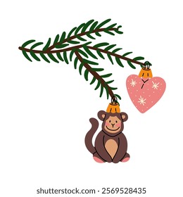 Christmas tree branch with retro Christmas balls. Soviet glass toys in flat style. Monkey, heart. Decor for Christmas, New Year and holidays. Hand-drawn isolated illustration on white background