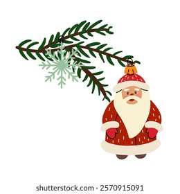 Christmas tree branch with retro Christmas balls. Soviet glass toys in flat style. Santa Claus, snowflake. Decor for Christmas, New Year and holidays. Hand-drawn isolated illustration on white