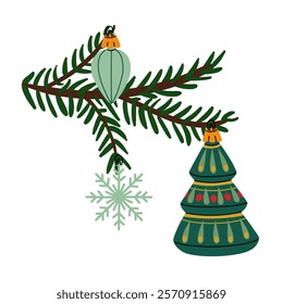 Christmas tree branch with retro Christmas balls. Soviet glass toys in flat style. Christmas tree, icicle, snowflake. Decor for Christmas, New Year and holidays. Hand-drawn isolated illustration white