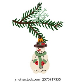 Christmas tree branch with retro Christmas balls. Soviet glass toys in flat style. Snowman, snowflake. Decor for Christmas, New Year and holidays. Hand-drawn isolated illustration on white background