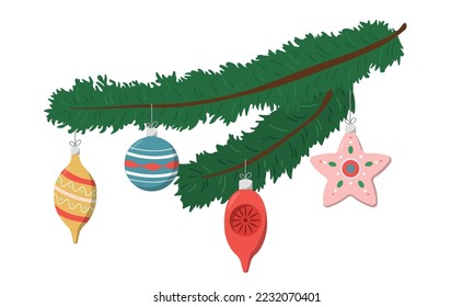 Christmas tree branch with retro baubles. Winter holidays banner design. Xmas horizontal background for Happy New Year. Festive card template with fir twig. Flat vector illustration