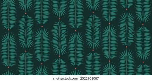 Christmas tree branch seamless vector pattern. Watercolor leaves background, jungle palm print