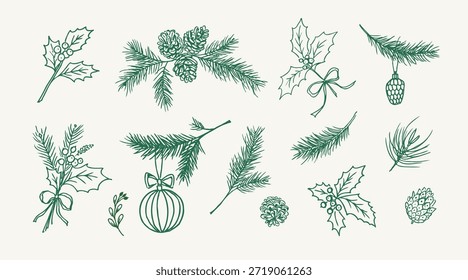 Conjunto de ramas de árbol de Navidad. Dibujo de ramas festivas de acebo y pino con piñas y juguetes