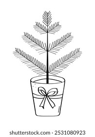 Christmas tree branch sketch doodle. A fir tree in a flower pot. Vector illustration of isolate on white.