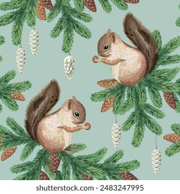 Christmas tree branch, squirrel, toy and cone seamless pattern. Winter wallpaper.