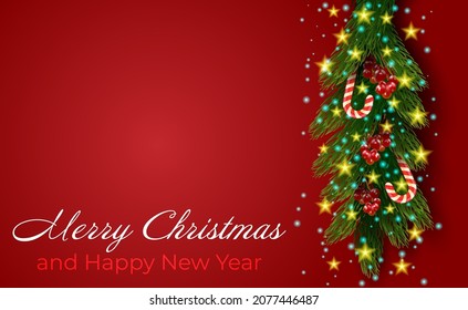 Christmas tree branch with sweets. Vector illustration of a Christmas background with spruce branches, sweets and berries on red.