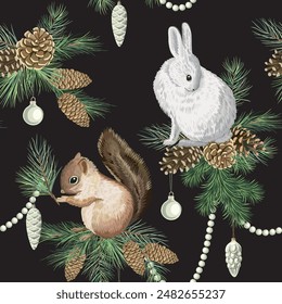 Christmas tree branch with toy, squirrel and rabbit seamless pattern. Winter wallpaper.	