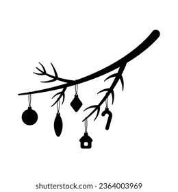 Christmas tree branch with toys icon. Black silhouette. Front side view. Vector simple flat graphic illustration. Isolated object on a white background. Isolate.