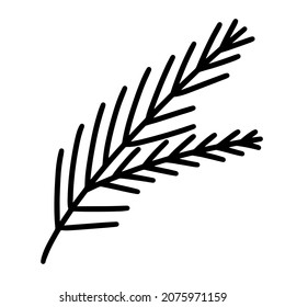 Christmas tree branch vector icon. Hand drawn doodle. Pine twig. Botanical sketch. Black and white concept for decoration, design of cards, invitations, textiles, printing, labels, cosmetics