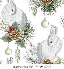 Christmas tree branch, white rabbit, toy, ball, mistletoe, cone seamless pattern. Winter wallpaper.