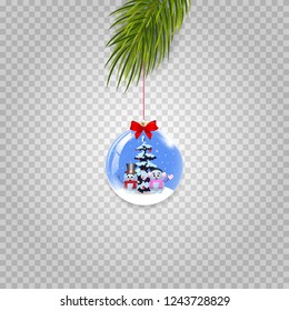 Christmas tree branch with xmas and new year ball decorated with snowmen and red bow on transparent background. Vector illustration, clip art, icon, sign, symbol, design element for greeting card