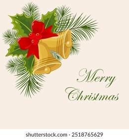 Christmas tree branch with yellow jingle bells borders corner. Christmas fir branch frame. Merry Christmas typography poster. Stock vector illustration