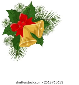 Christmas tree branch with yellow jingle bells borders corner. Christmas fir branch frame. Stock vector illustration isolated