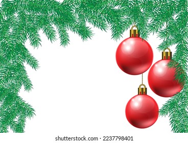 Christmas tree branches and 3 Christmas red ball. Vector illustration.White background.