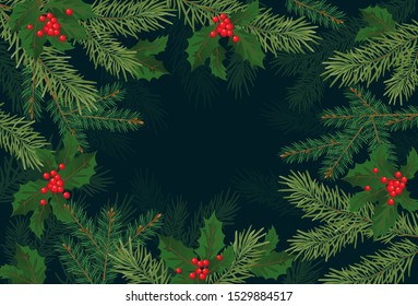 Christmas tree branches, background for congratulations New Year, Christmas, winter holidays