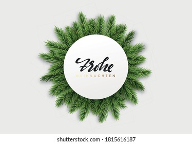 Christmas tree branches. Background with fluffy coniferous fir-trees and pines. Round banner poster. Xmas decoration. Vector illustration.