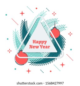 Christmas tree branches, christmas balls and small particles Isolated on white background. With triangle frame for headline. Two colors. Flat / line style. Vector illustration.