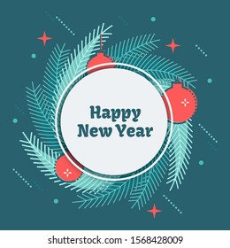 Christmas tree branches, christmas balls and small particles on dark blue-green background. Circle frame for text or headline.Two colors. Flat / line style. Vector illustration.