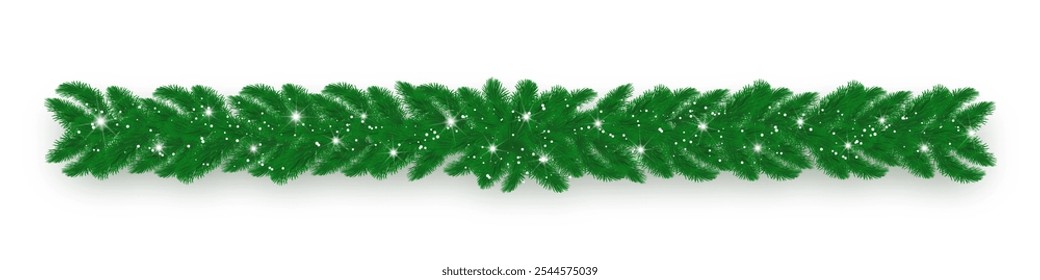 Christmas tree branches banner with lights and snow isolated. Realistic green pine-tree branches with lights. Decoration for New year and Merry Christmas holiday. Vector illustration.