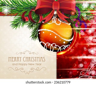 Christmas tree branches with bauble, bow and ribbons on red and beige background