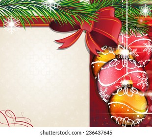 Christmas tree branches with baubles, bow and ribbons on red and beige background