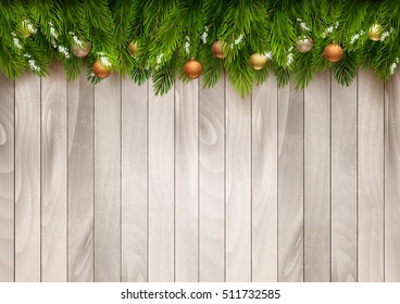 Weihnachtsbaumzweige mit Bausteinen auf Holzhintergrund. Vektorgrafik.