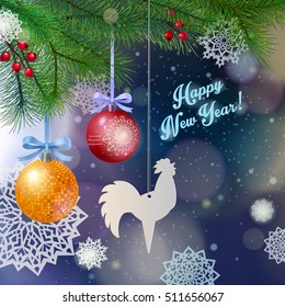 christmas tree branches, beautiful balls and paper snowflakes, festive winter background