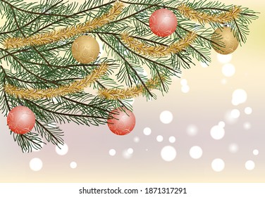 Christmas tree branches with beautiful colored decorations on blurred background with bokeh, flat vector illustration